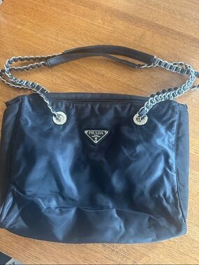 Prada vintage Black Nylon Shoulder Bag with Silver Chain Handles